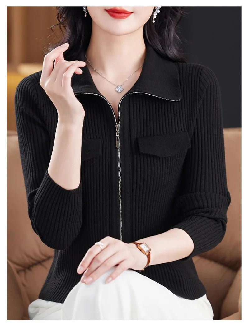 Women Knitted Sweater Cardigan Short Jacket Turn-Down Collar Knit Top