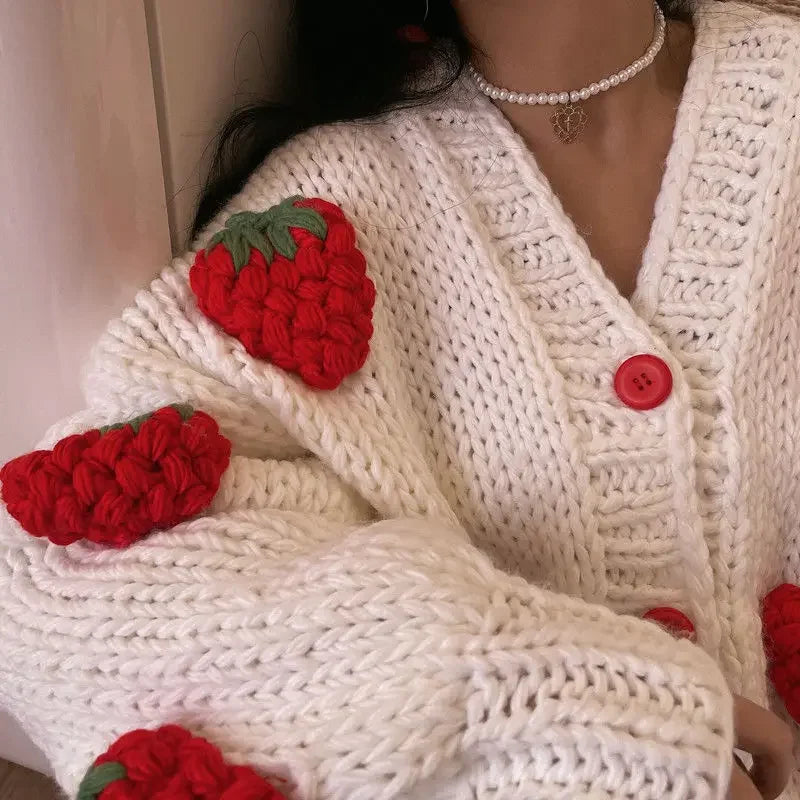 Large Size Women Sweater Puff Sleeve Strawberry Sweet Full Cardigans Loose Girls Sweater