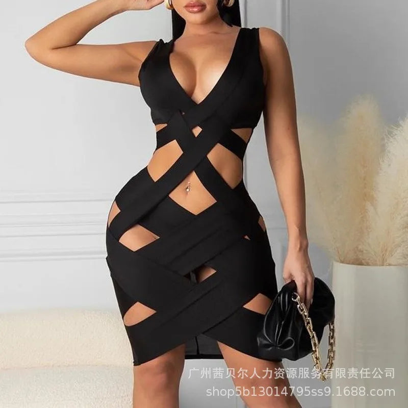 Sleeveless Tight Dress Hollow Out Sheath Mini Y2K Black Sexy Bodycon Dress Club Dress