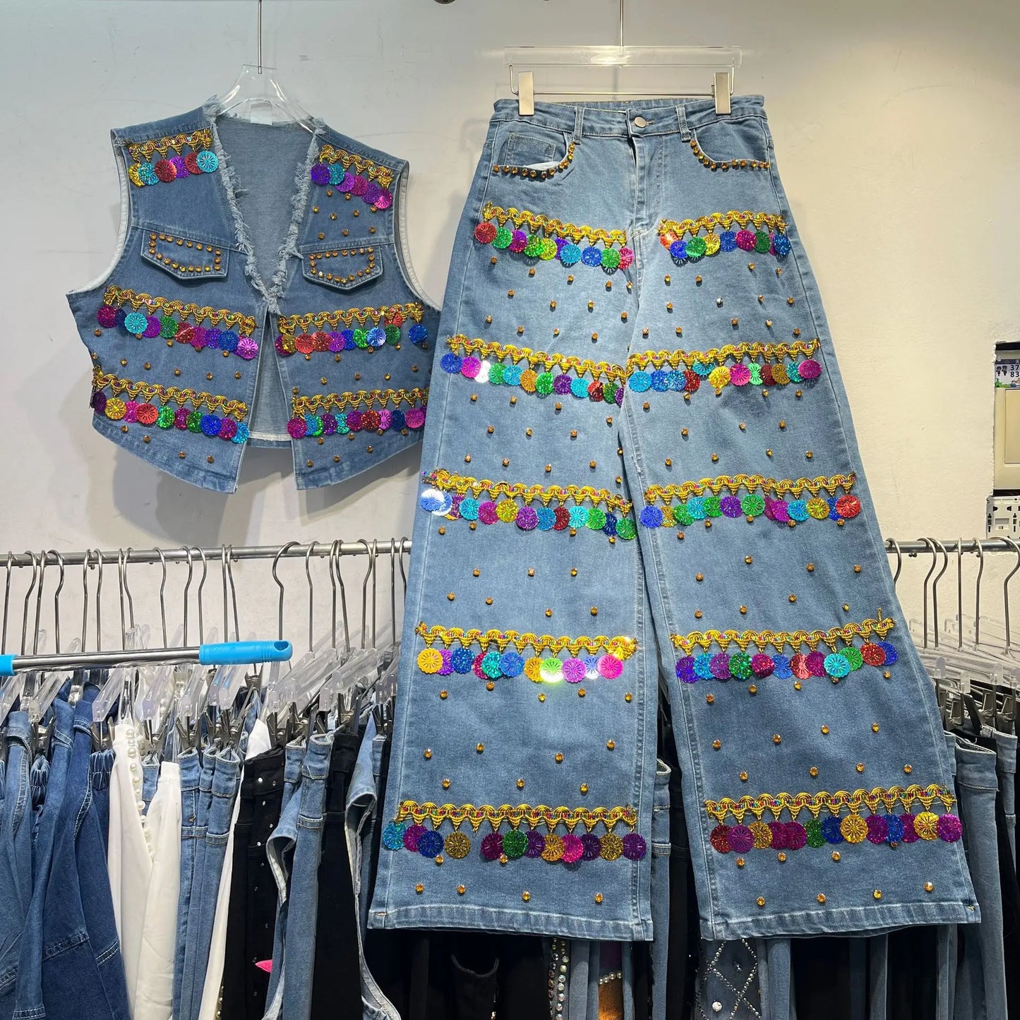 Sequined Denim Rhinestones Jeans Sleeveless Cowboy Vest + Jeans Pants