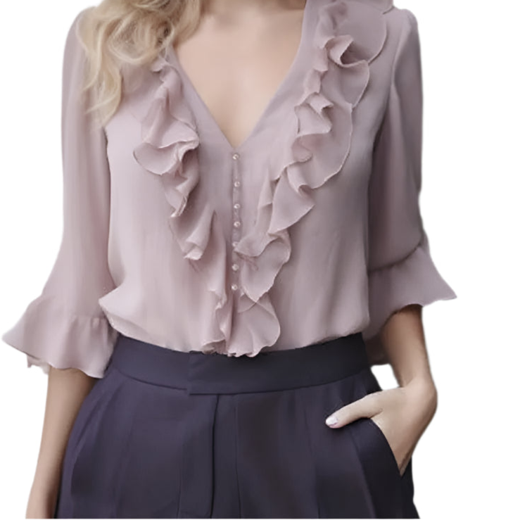 Beaded Women's Summer Long Sleeve Chiffon Top Ruffles V-Neck Lightweight Casual Tulle Blouses