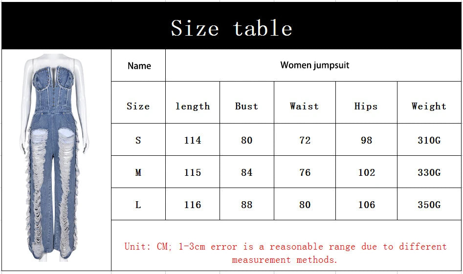 Slim Fit Denim V-neck Backless Tassel Trendy Jumpsuit Women's Strapless High Waist Ripped Pocket Sexy Street Rompers