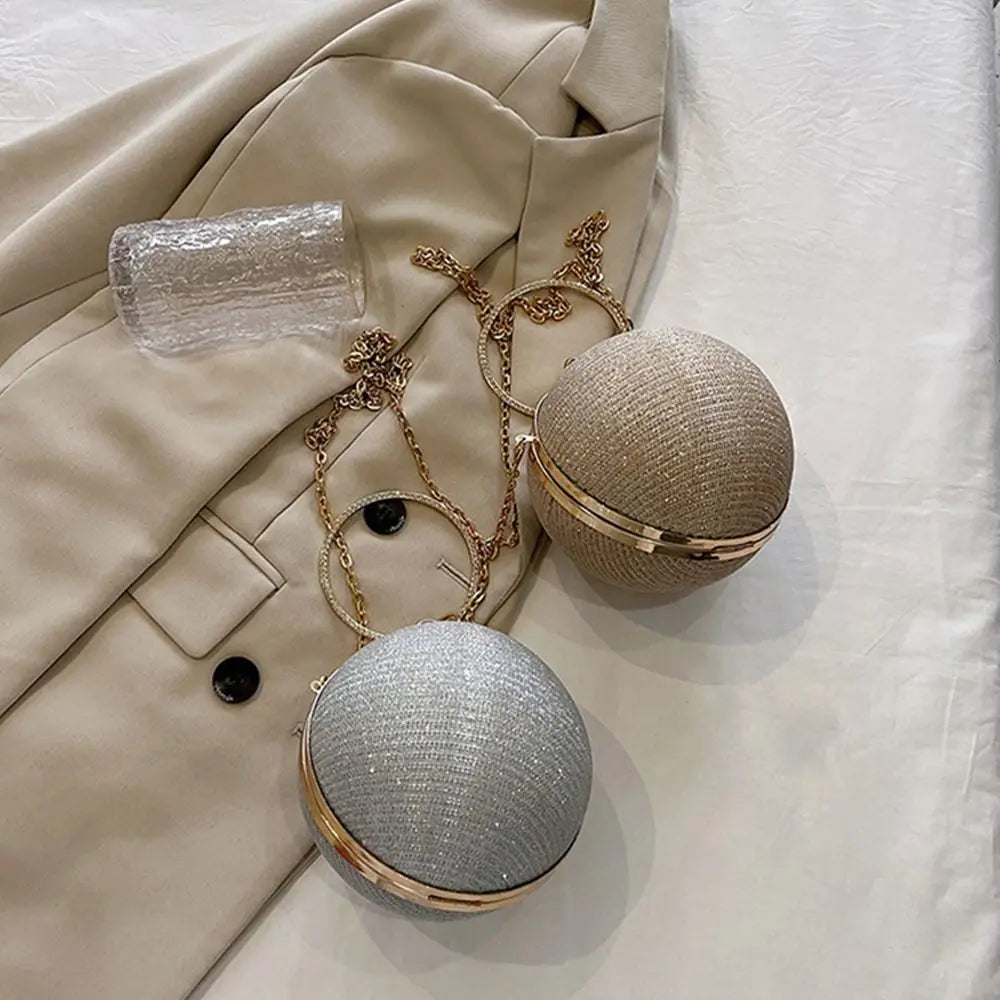Gold Bright Silk Circular Evening Bag Women Banquet Clutch Rhinestone Chain Shoulder Bags