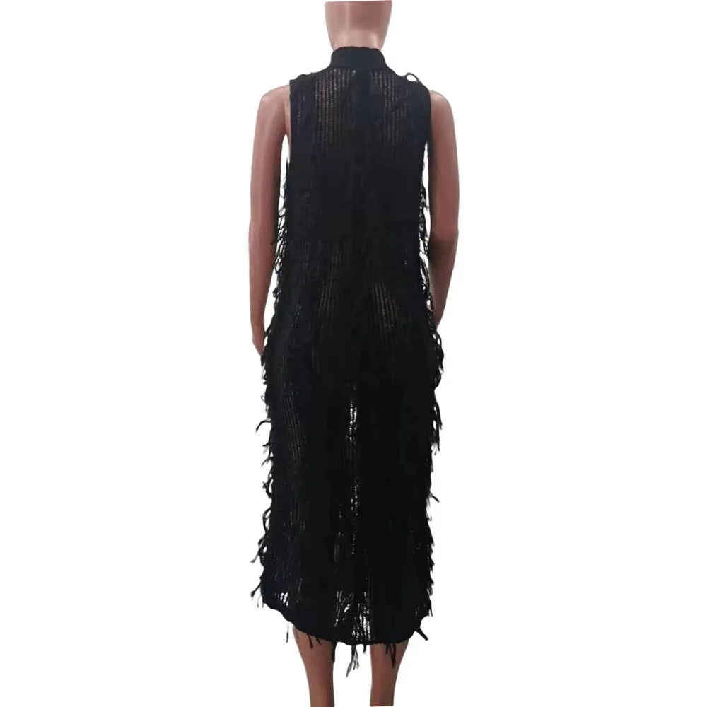 Fur Hollow Out Perspective Midi Dress Women Round Neck Sleeveless Slim Dress