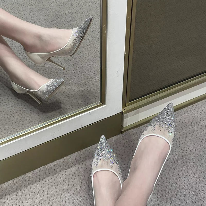 Mesh Pointed Shallow Mouth Sexy Pump Heels Stiletto Shoes Bridal Shoes