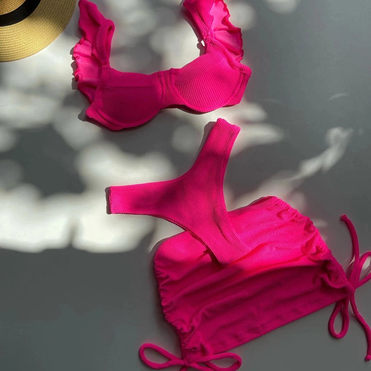 Solid Wavy Fabric Low Waist Ruffle Bikini Set Cover Up Swimsuit For Women