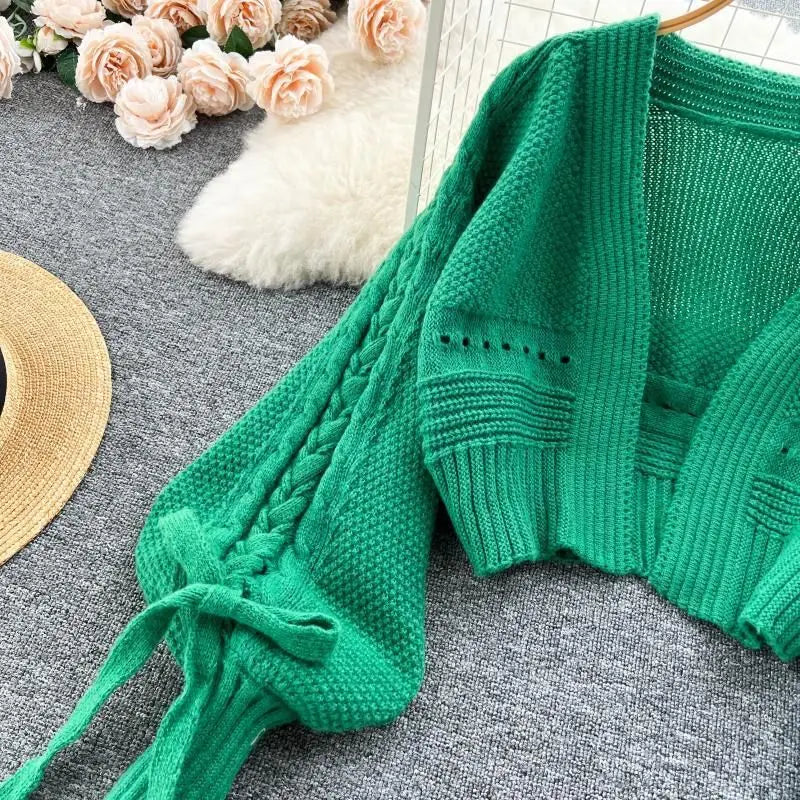 Green Casual Acrylic Knit V-Neck Lantern Long Sleeve Lace Up Women's Cardigan