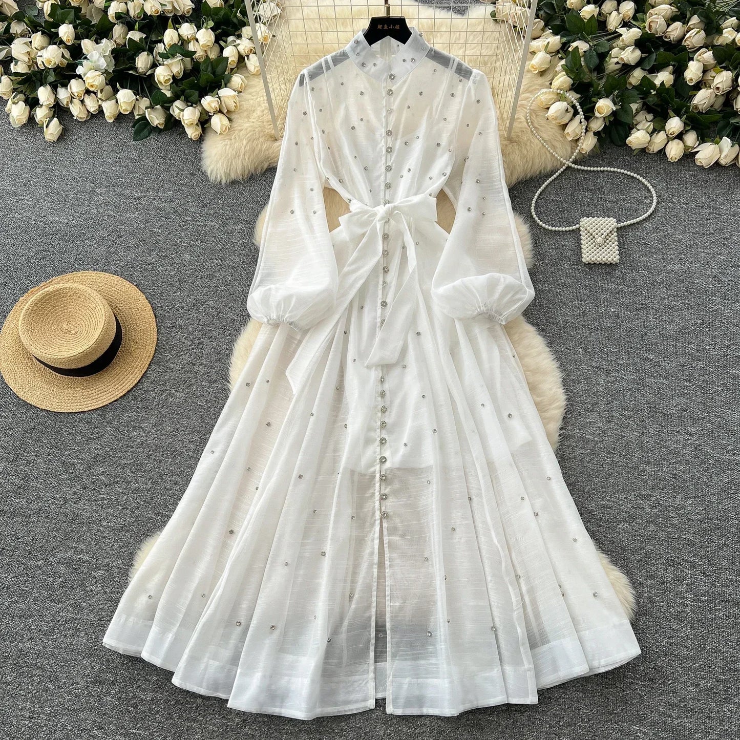Elegant Lantern Sleeves Vintage Stand Collar Chic Single Breasted Rhinestone Bandage Slim High Street Long Dresses