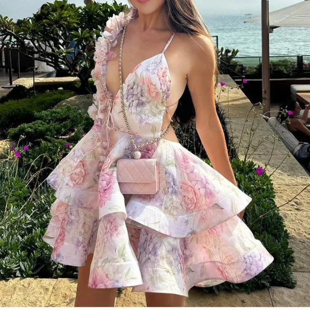 3D Flowers Lace Up Printed Layered Mini Dress Backless Deep V-Neck Mini Dress