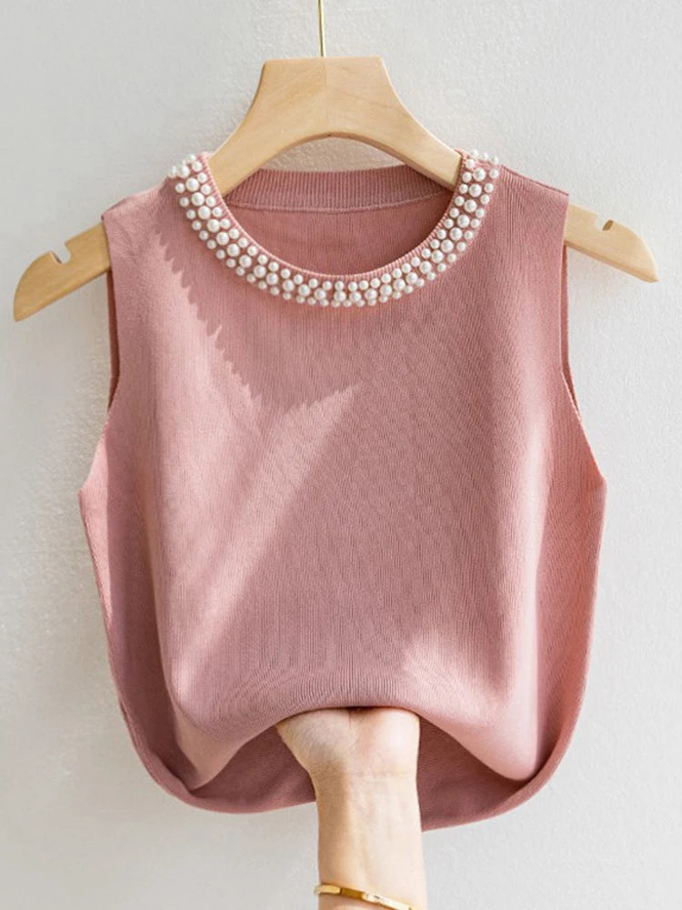 Knitted Sleeveless Beaded Casual Thin Tops