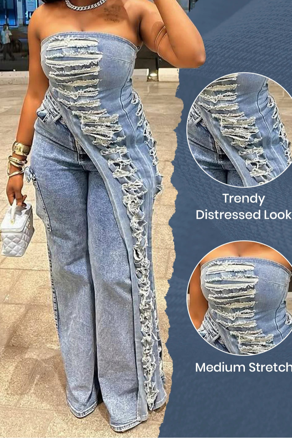Plus Size Party Blue Asymmetric Hem Distressed Denim Two Piece Pant Sets