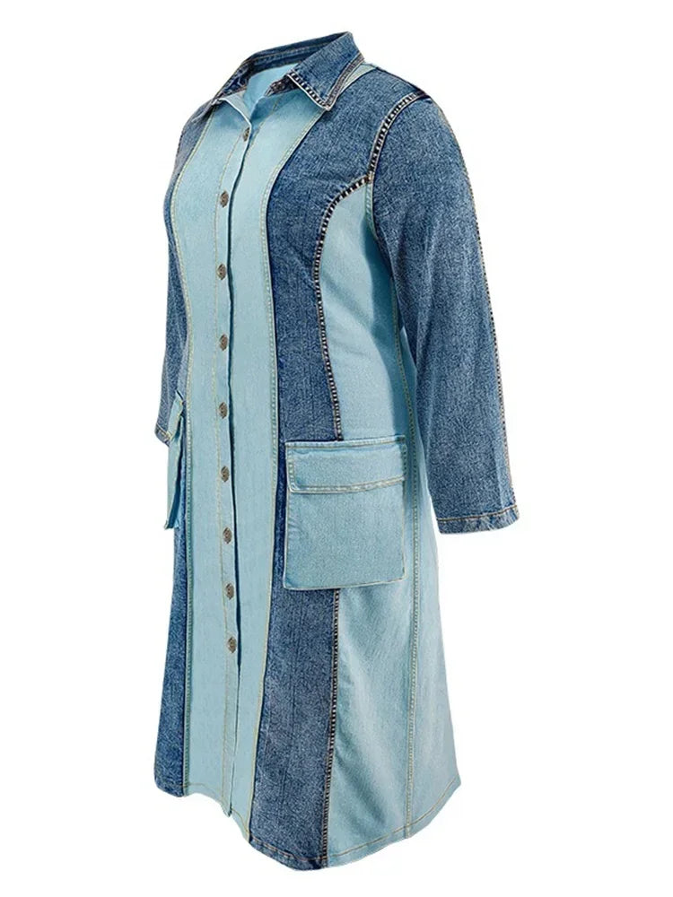 Plus Size Denim Dresses Women Long Sleeve Casual Button Pockets Striped Maxi Dress
