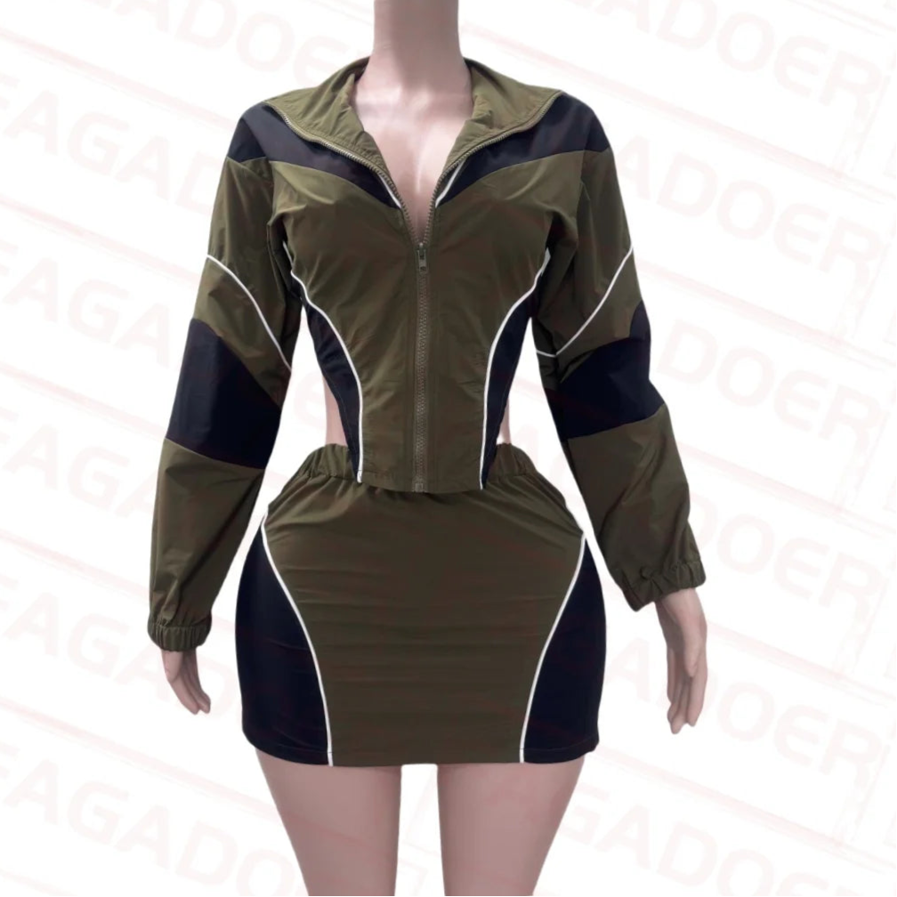 Color Block Two Piece Set For Women Casual Zip Lantern Sleeve Irregular Crop Jacket + High Waist Skirts Suit