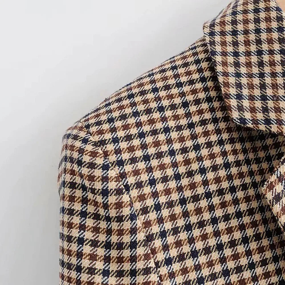Women's Elegant Open Front Coat Retro Button Suit Coats Plaid Long Sleeve Flannel Lapel Blazer