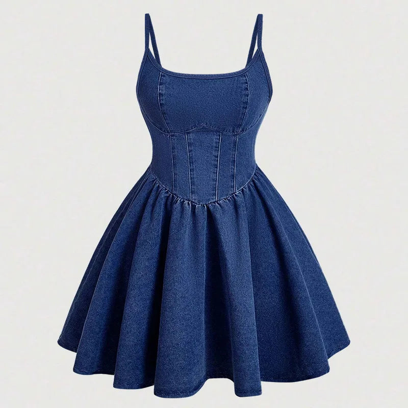 Women Denim Mini Dresses A Line Sling Stretchy Y2k Causal Denim Dress