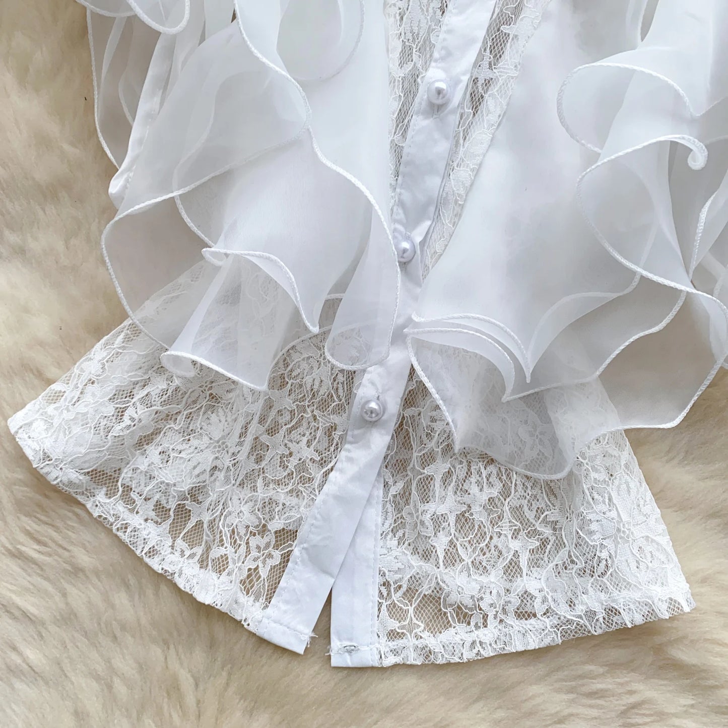 Ruffle Blouses Women French Style Single Breasted Lace Patchwork Shirt Summer Top
