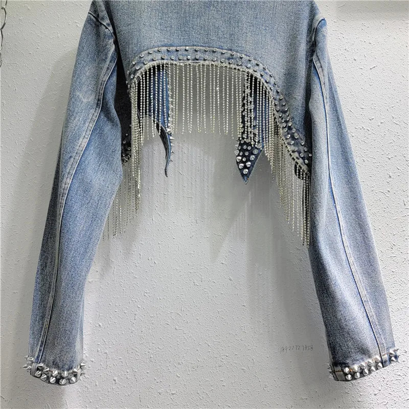 Diamonds Beaded Tassels Rivets Denim Jacket Retro High Waisted Crystal Fringed Backless Jeans Cowboy Coat