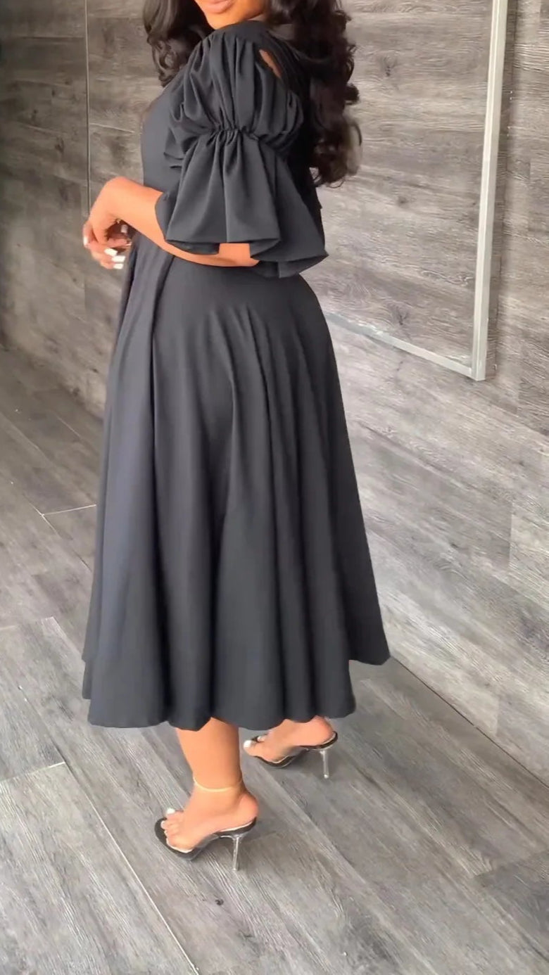 Vintage Women Criss Cross Open Back Lantern Half Sleeve V-neck Big Swing Dress