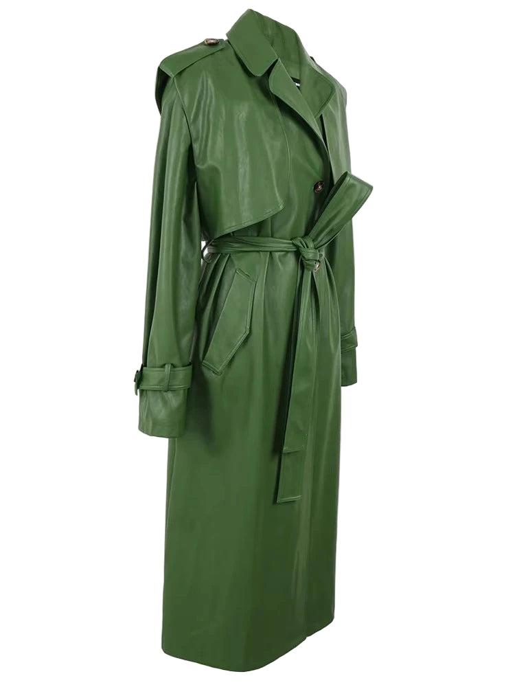 Long Green Pu Leather Trench Coat for Women with Back Slit Sashes Single Breasted