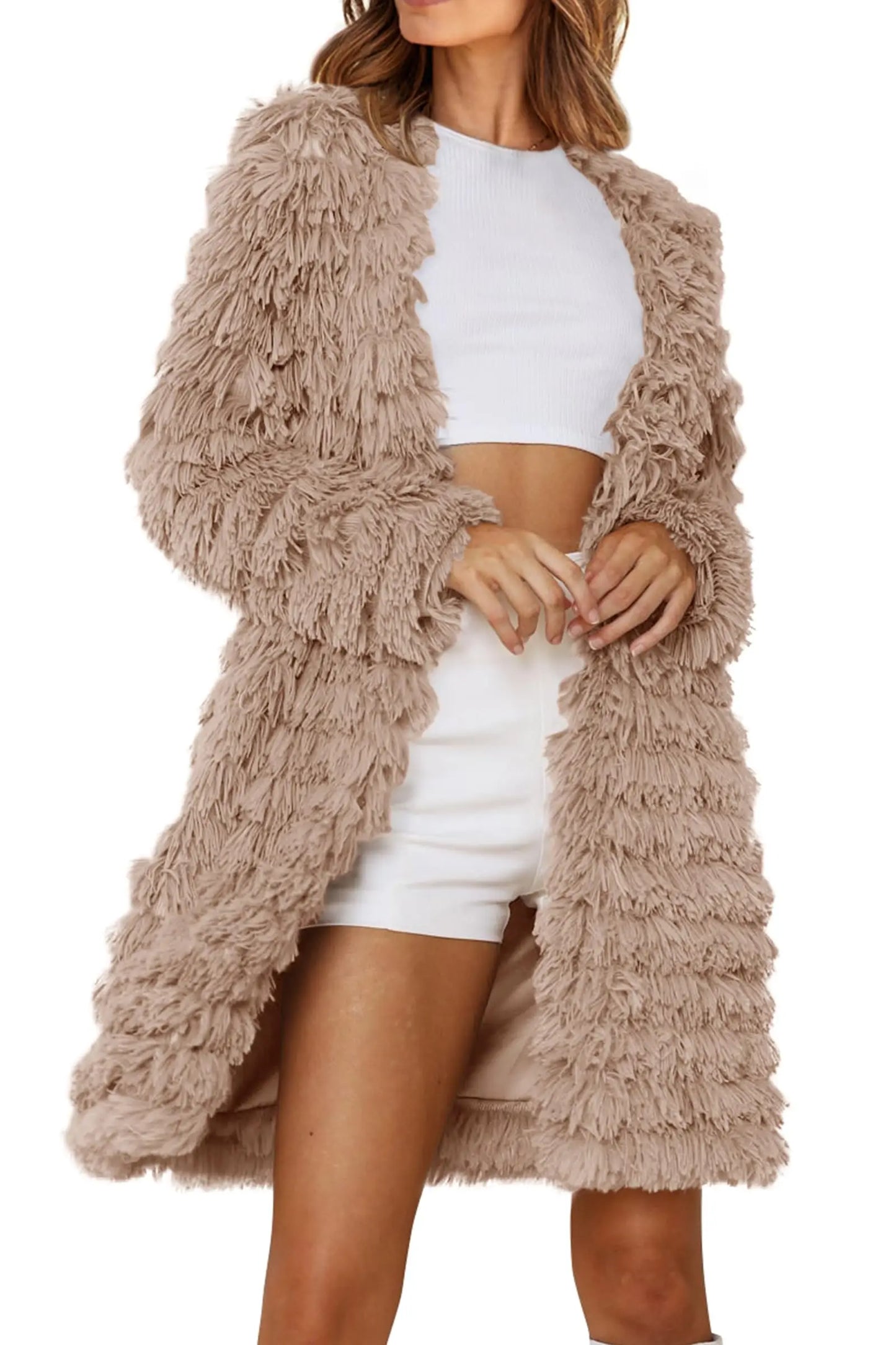 Long Sleeve Faux Fur Jackets Open Front Long Cardigan Coat Outerwear