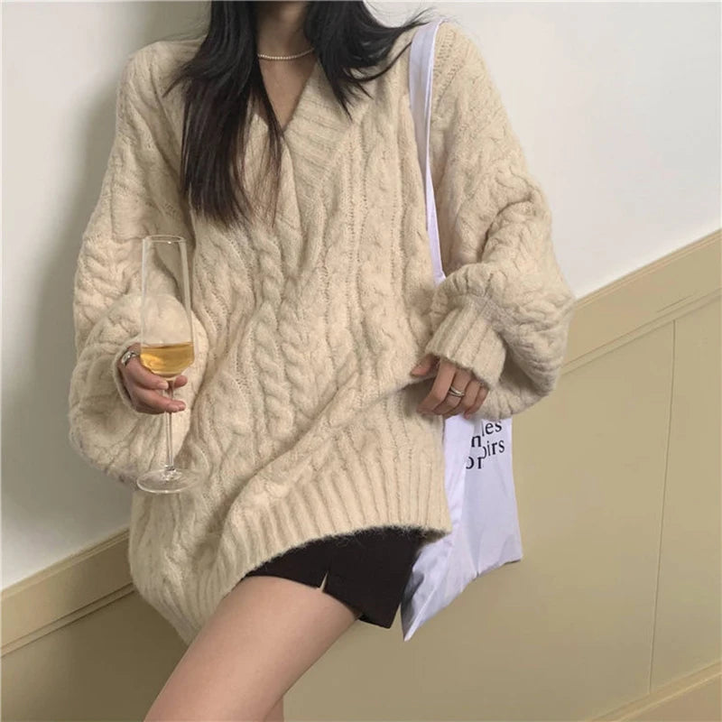 Harajuku Women Sweater Cute Oversized Knitted Pullover V Neck Sweater