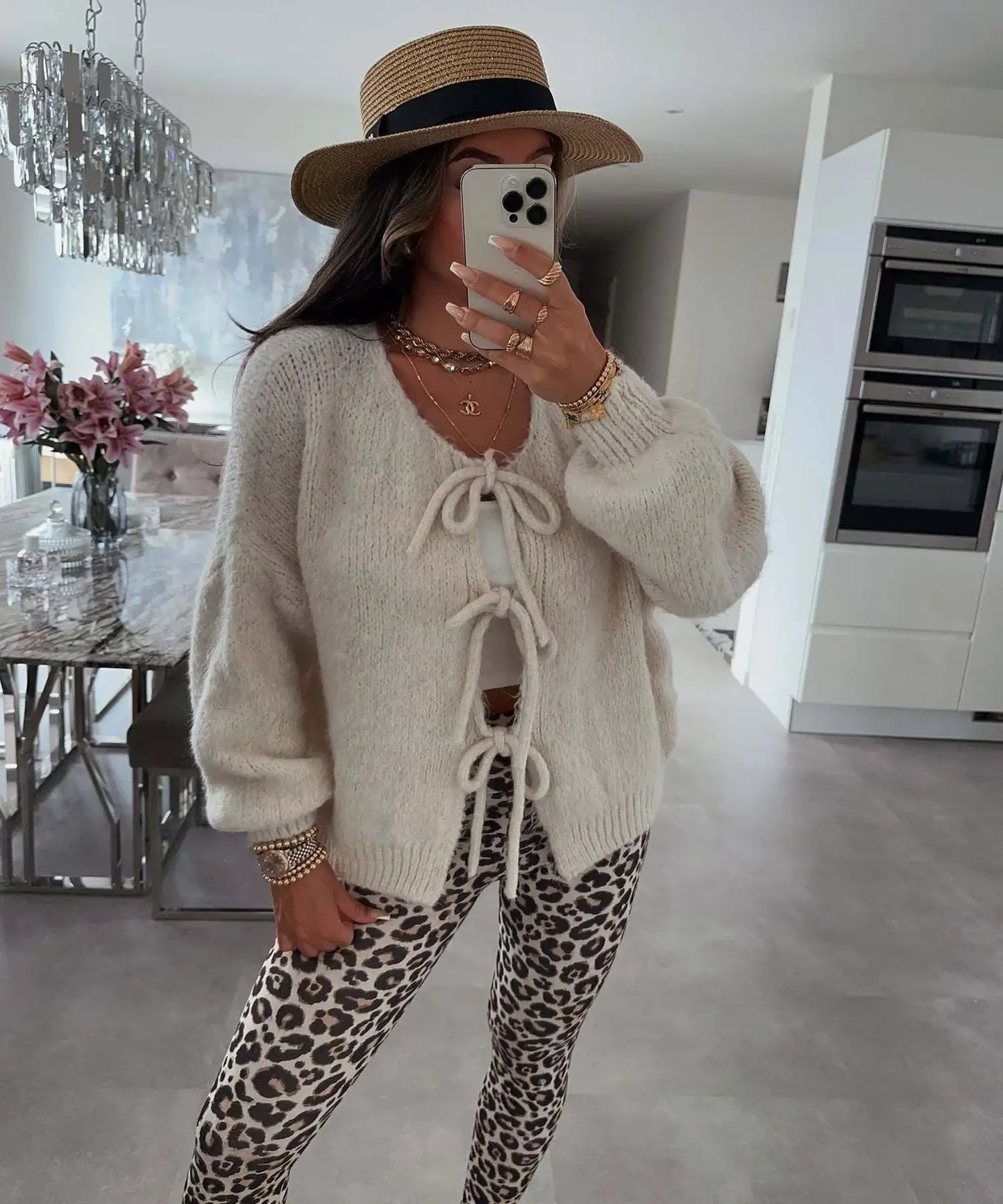 Elegant Knitted Cardigan Sweater Women's Lace up Cardigan