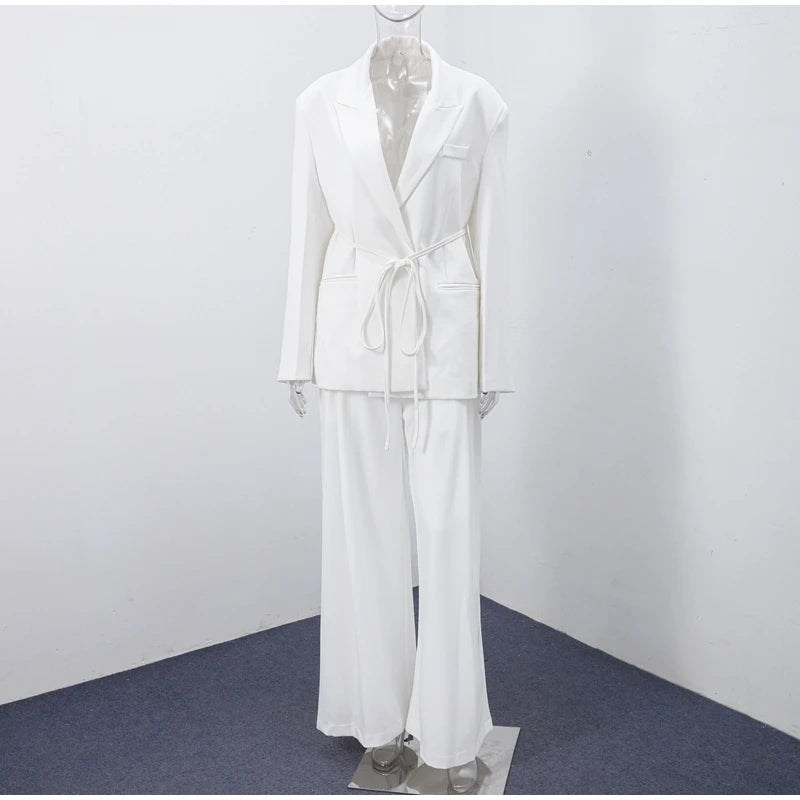 Elegant Blazer Pants Sets Women V-neck Lace up Jacket Full Sleeve Wide Leg Trousers Suit