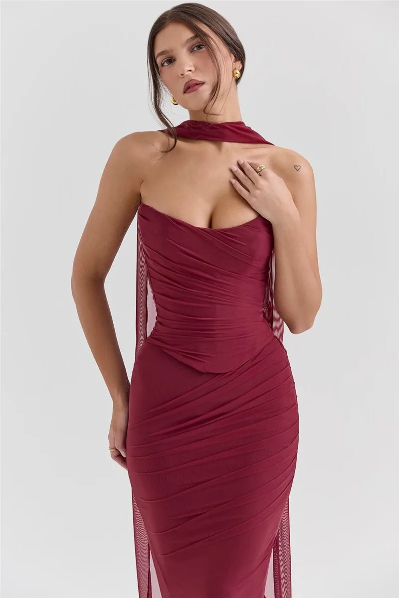 Wine Red Sexy Two Piece Sets Women Neckerchief Strapless Crop Tops And Maxi Skirt Sets