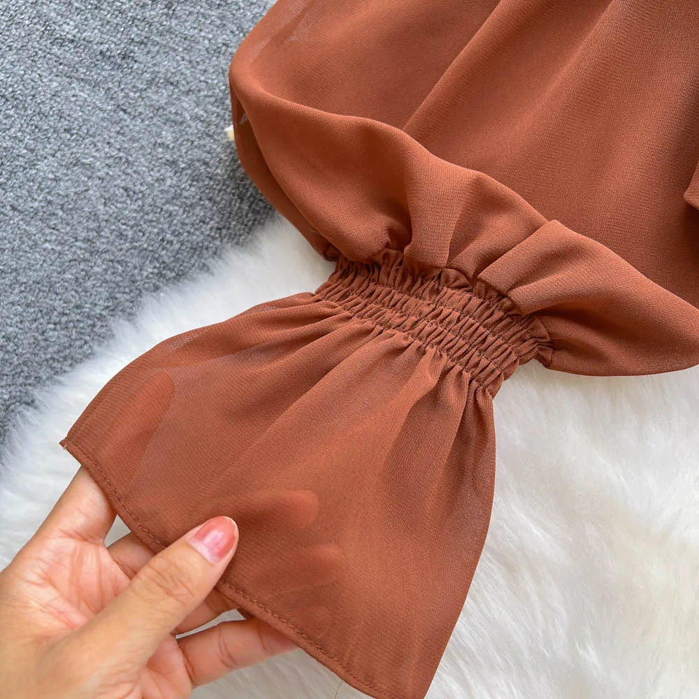 Flare Sleeve Women Top Ruffle Solid Elastic Waist Halter Backless Chiffon Blouse