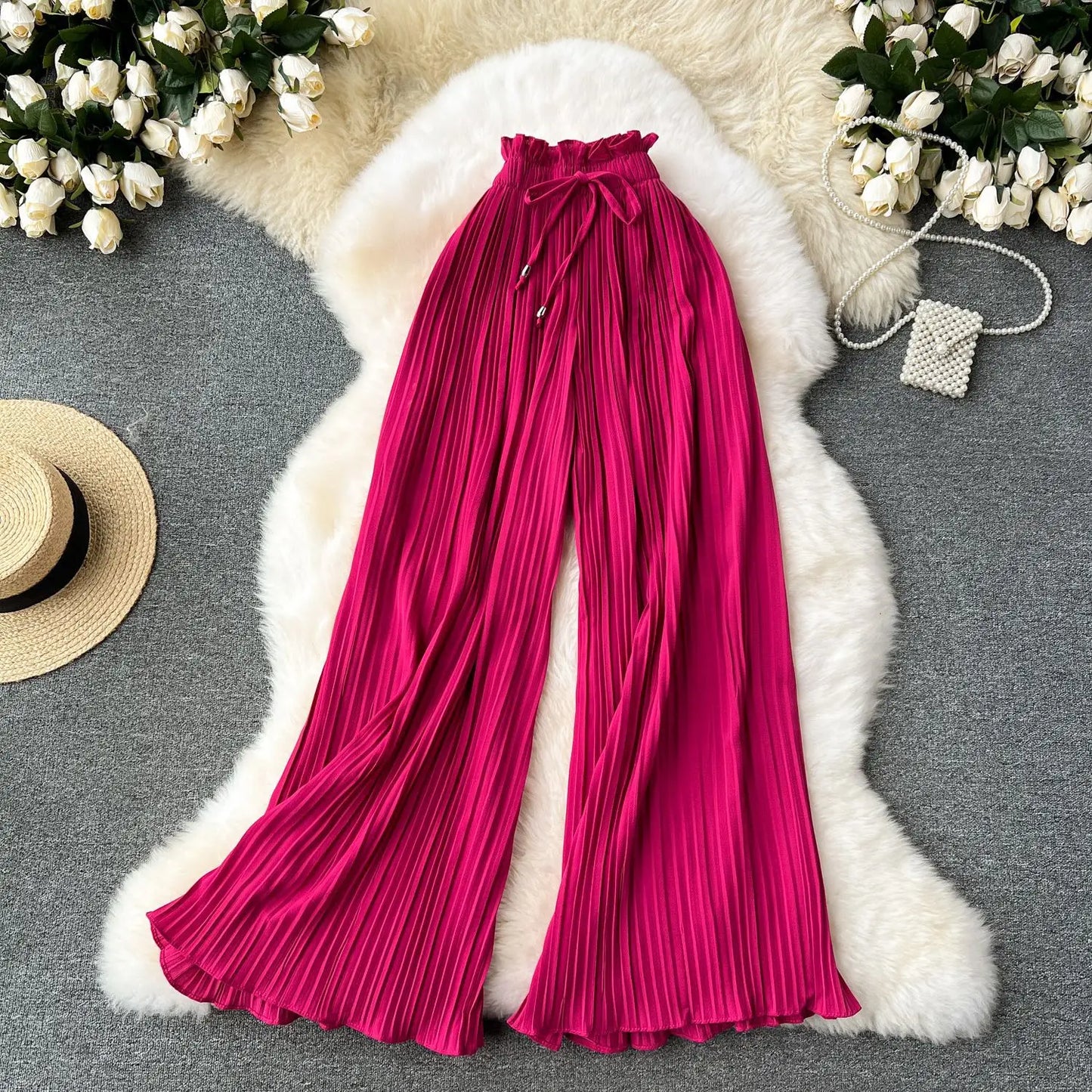 Women Long Pants Wide Leg Pant Solid Loose Casual Lace Up Tight High Waist Capris Regular Pleated Trousers