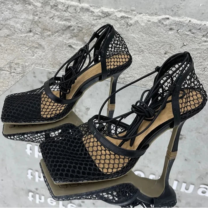 Sexy Mesh Pumps Sandals Female Square Toe High Heel Lace Up Cross-Tied Dress Shoes