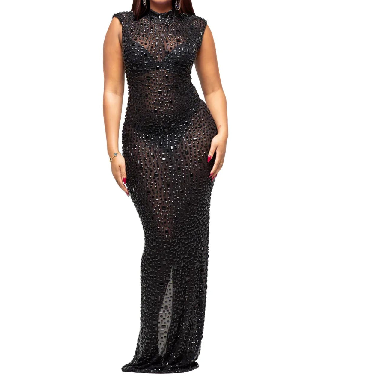 Cocktail Dress Diamonds Hot Rhinestones O-neck Women Sleeveless Bodycon Maxi Dress