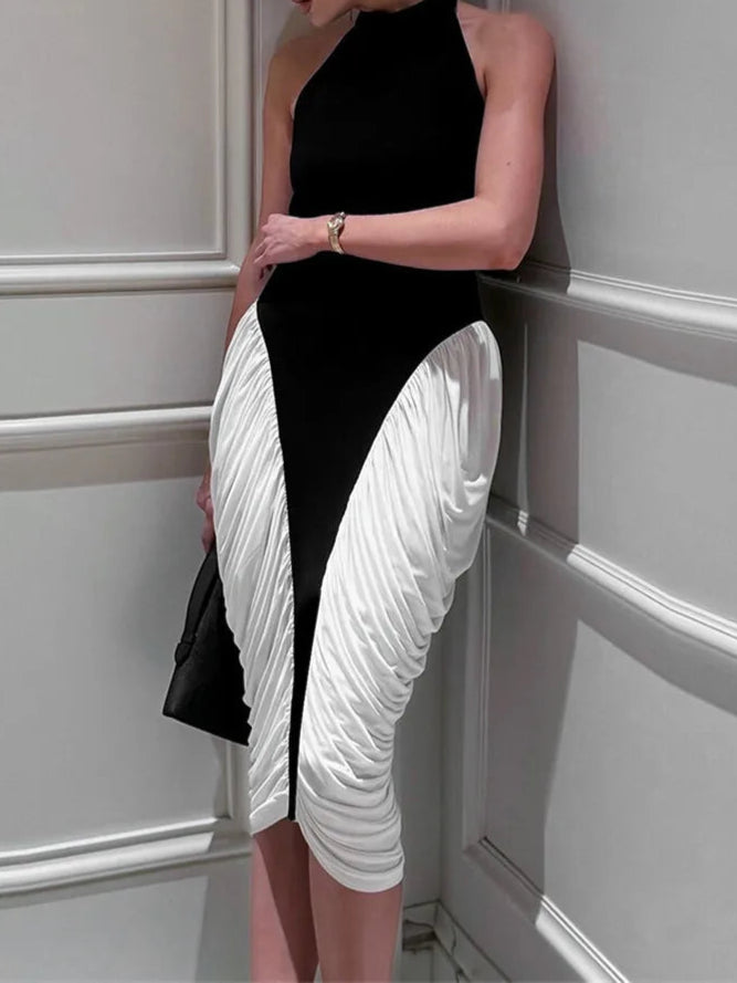 Patchwork Halter Backless Sexy Midi Dress Women Gown Elegant Fashion Contrast Color Sleeveless Pleated Long Dress