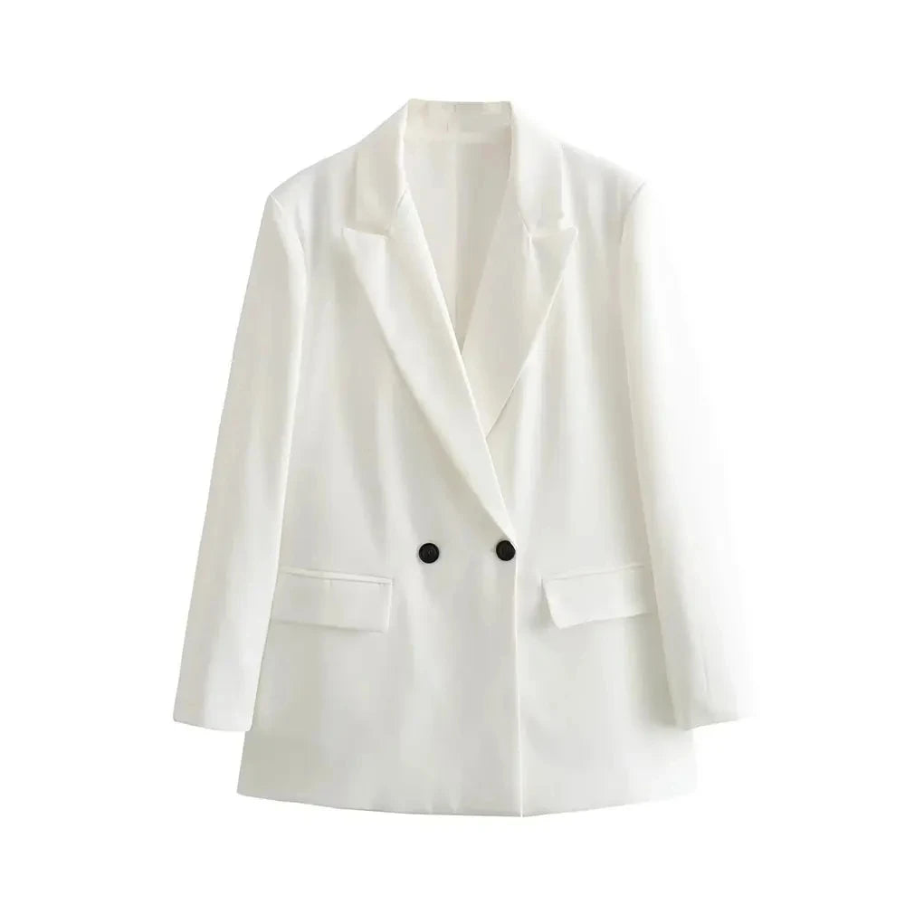 Women Double Breasted Loose Fitting Blazer Coat Vintage Long Sleeve Pockets Female Outerwear Blazer