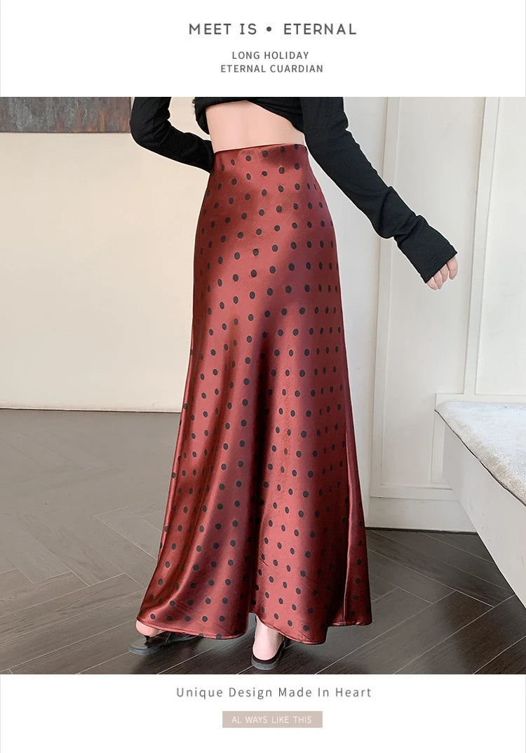 Polka Dot Satin Skirt Women's High Waist Versatile Elegant Dot Long Skirt