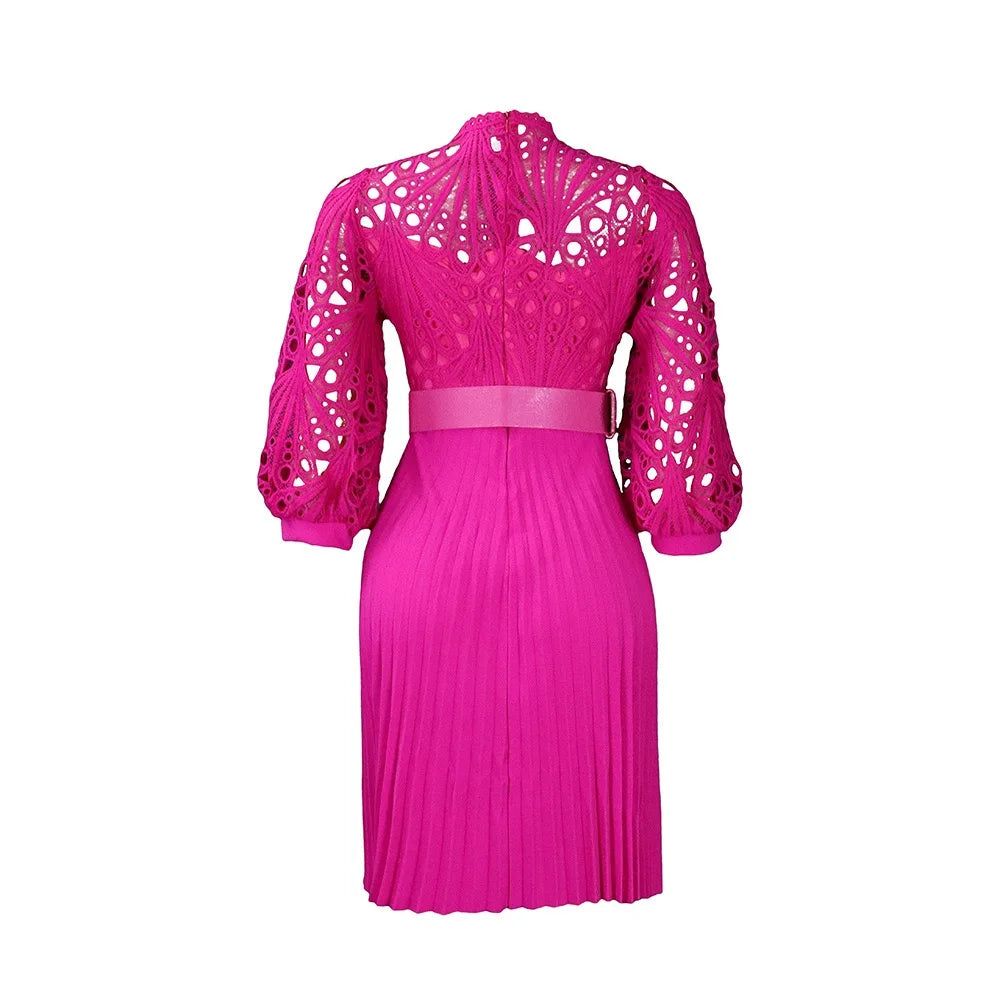 Elegant Dresses for Women O Neck Three Quarter Sleeve Belt Waisted Lace Patchwork Knee Length Luxury Female Birthday Party Dress