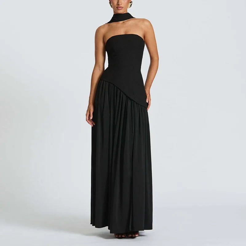 Elegant Strapless Scarf Neck Pleated Dress Woman Sexy Slim Solid Backless Evening Dress