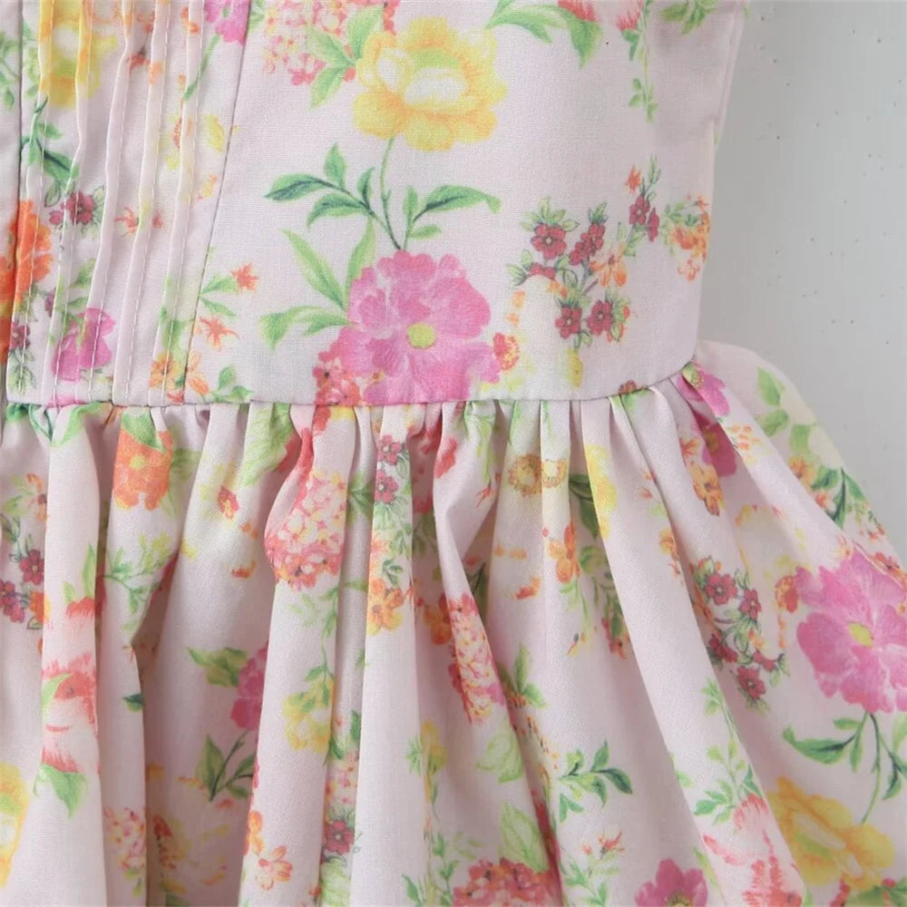 Women's Fashionable Floral Print Pleated Patchwork Slim Fitting Suspender Dress