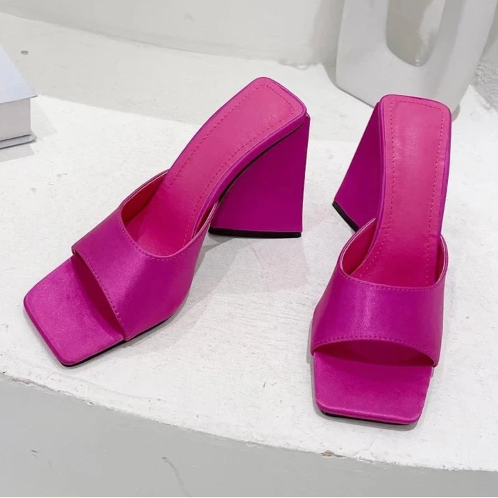 Silk Triangle Square Heels Heel Woman Slippers Sexy Street Party Square Toe Heels