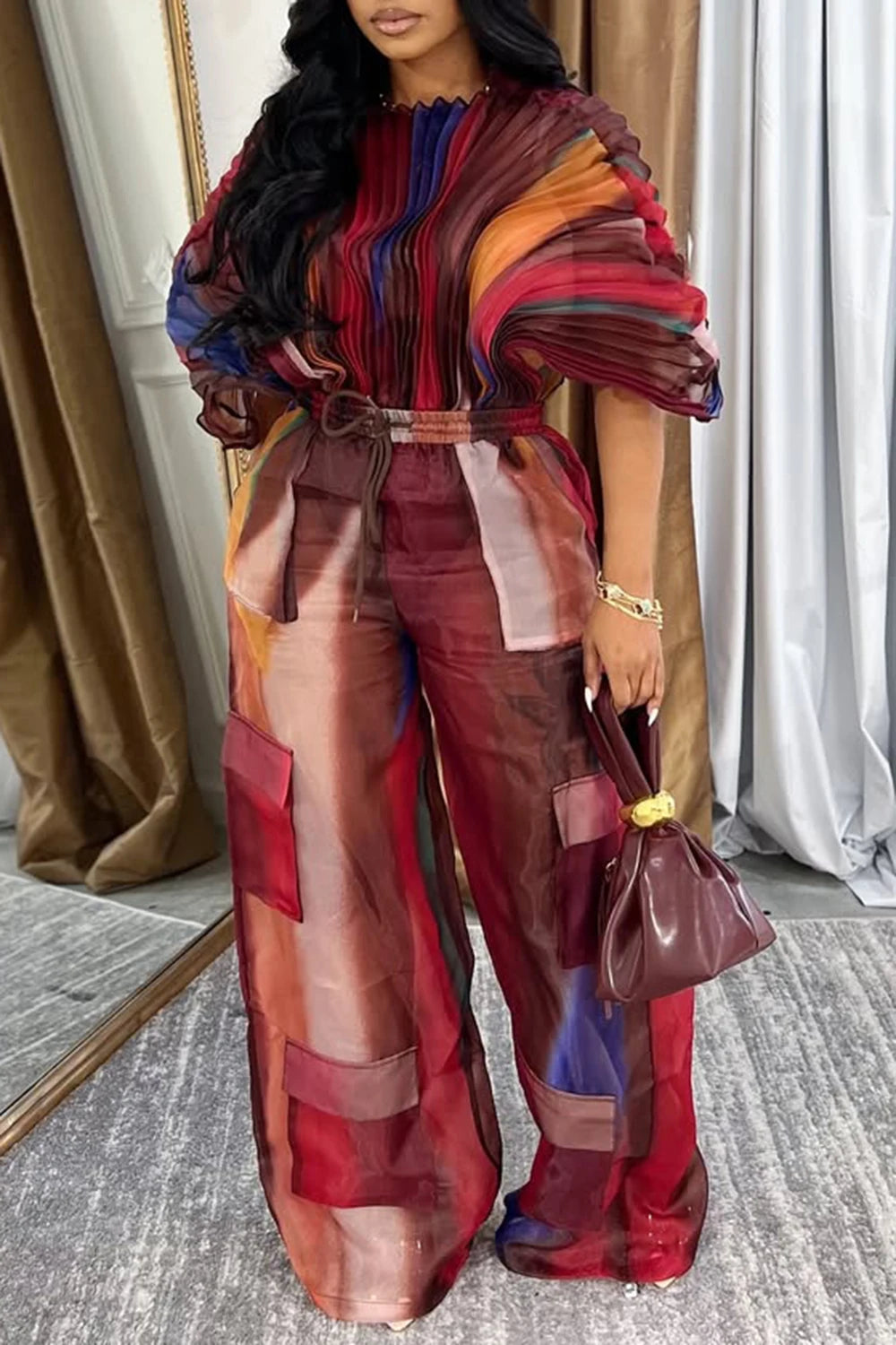 Plus Size Hot Pink Gradient Round Neck Batwing Sleeve Half Sleeve Cargo Pleated Two Piece Pant Sets