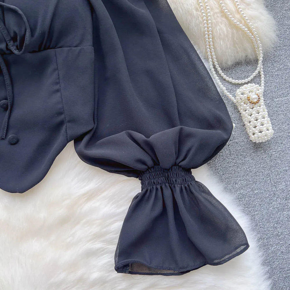 Flare Sleeve Women Top Ruffle Solid Elastic Waist Halter Backless Chiffon Blouse