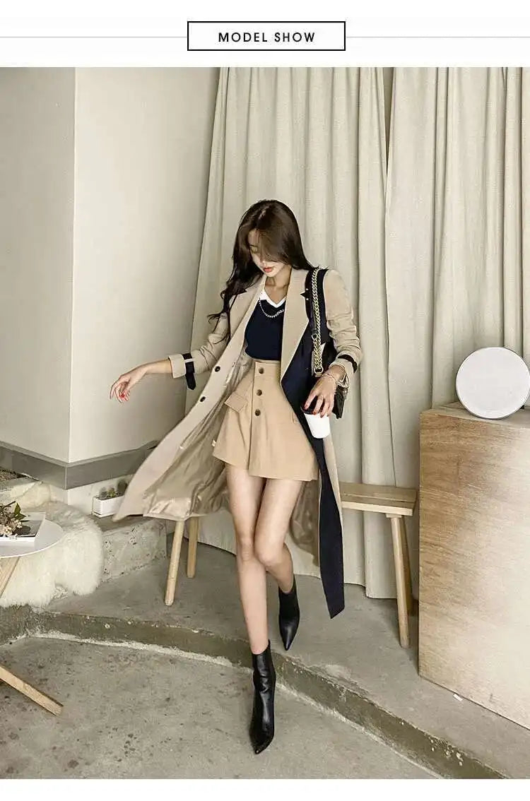 Contrast Full Sleeve Buttons Belted Women Long Trench Coats