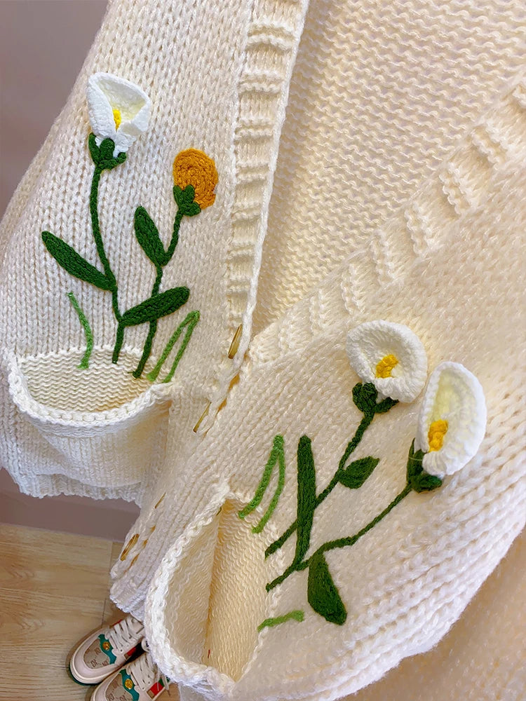 Women Handknit Floral Vintage Apricot Cardigan Women Sweater Clothes Knitwear