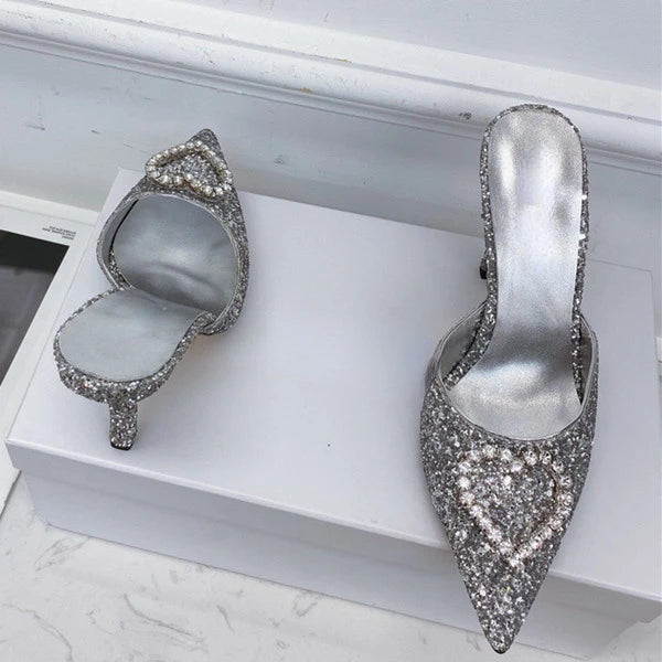 Shallow Mouth High-heeled Women's Shoes Love Rhinestone Shining Thin Heel Pump Slippers