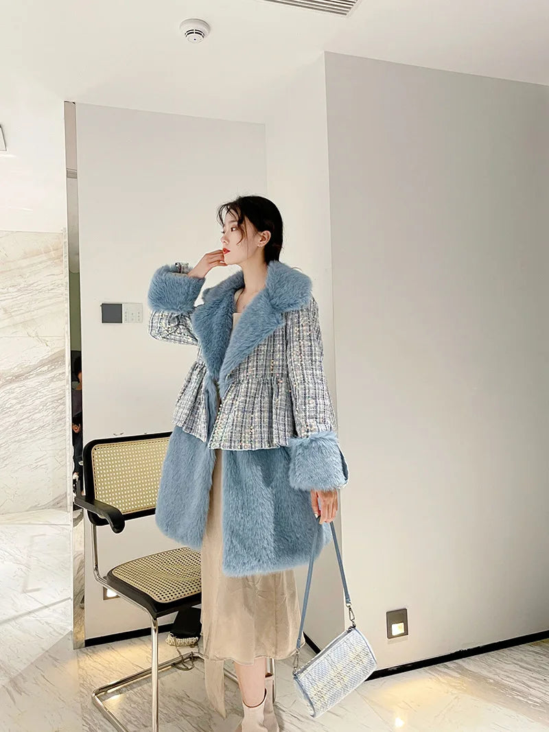 Winter Fur Coat Women Luxury Sequined Wool Faux Fur Long Jacket Fluffy Overcoat