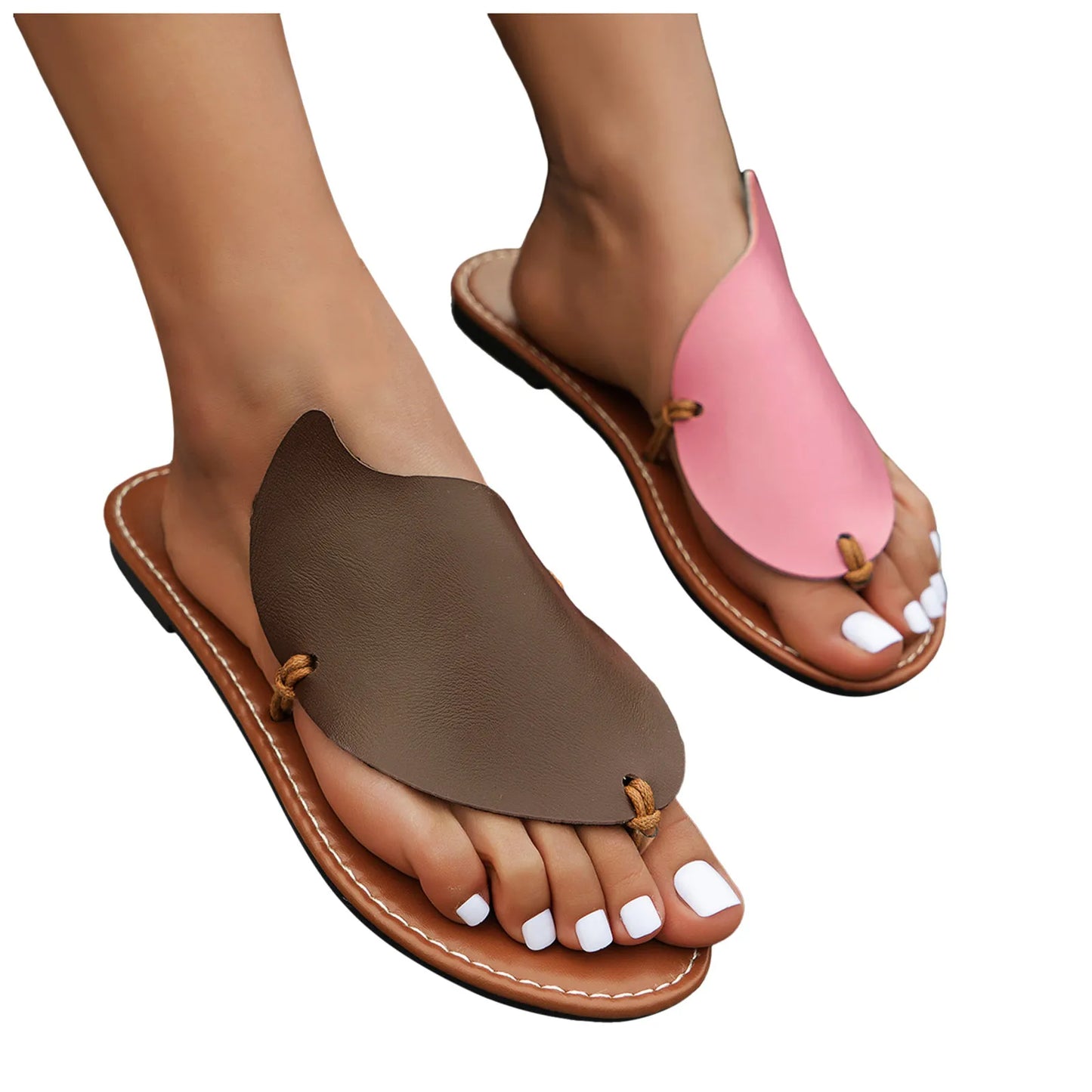 Flat Sandals For Women Ladies Summer Color Blocking Leaves Soft Leather Clip Toe Flat Yoga Sandals For Women