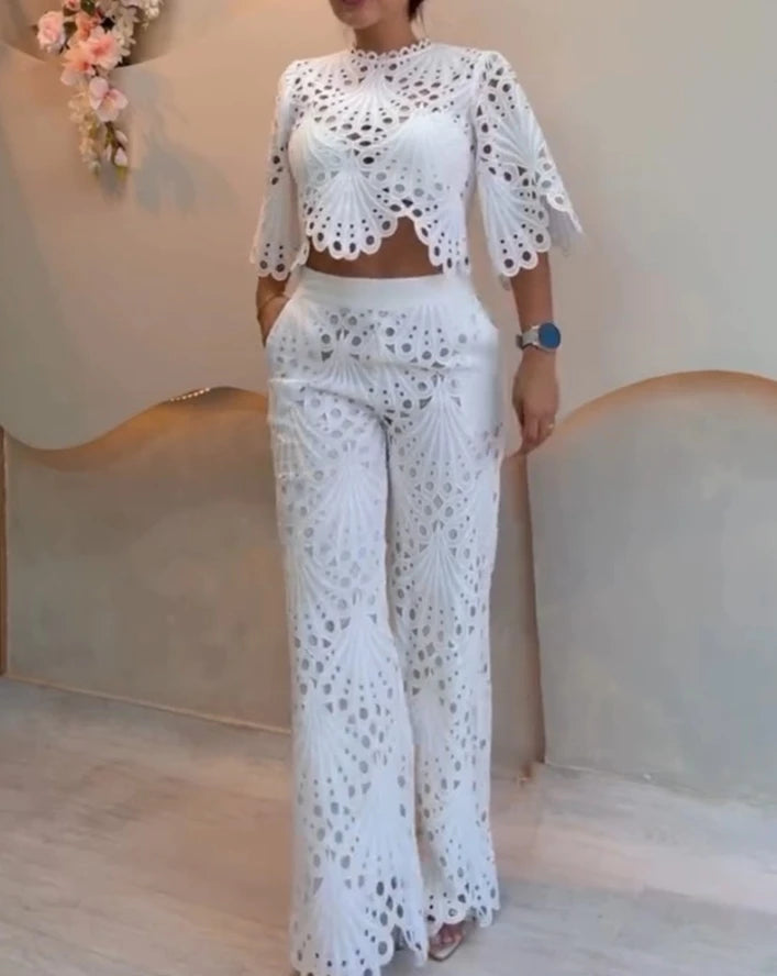 2 Pieces Outfit Lace Hollow Out Bell Sleeve Crop Top and Casual Slim Fit Straight Leg Pants Set