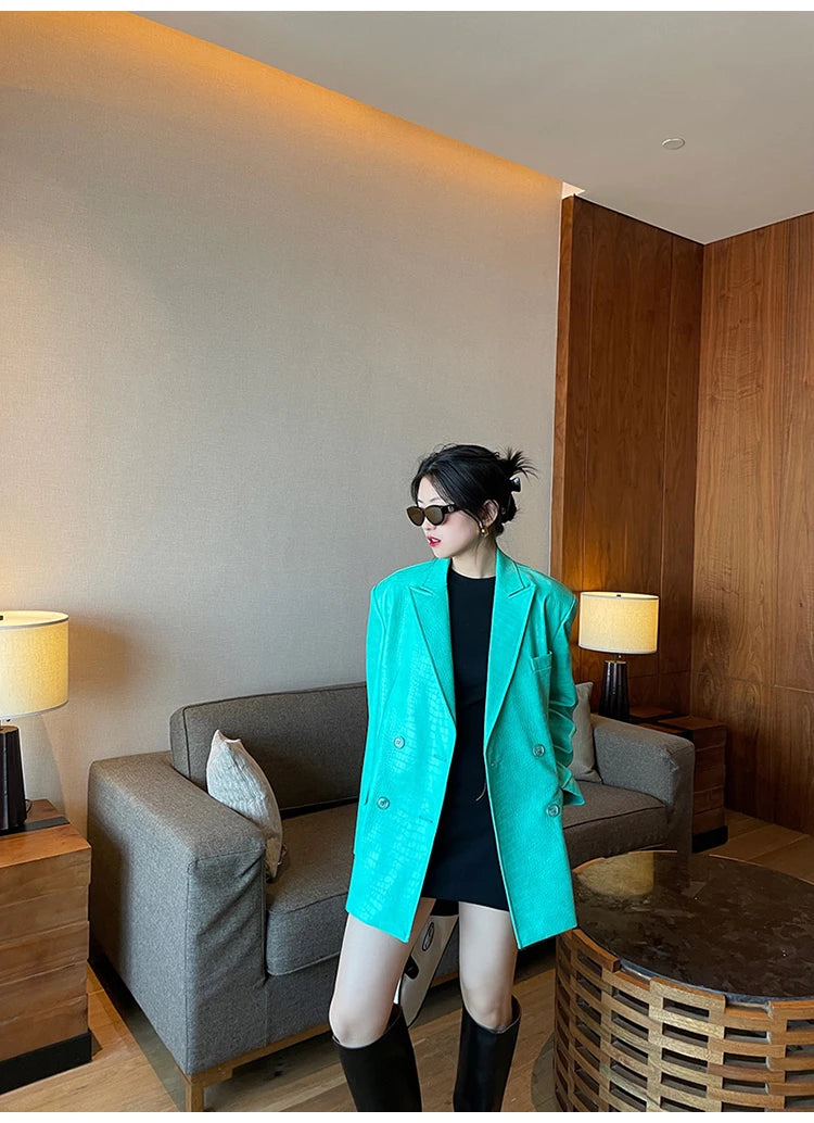 Oversized Shiny Purple Crocodile Pattern Faux Leather Blazer for Women Y2k