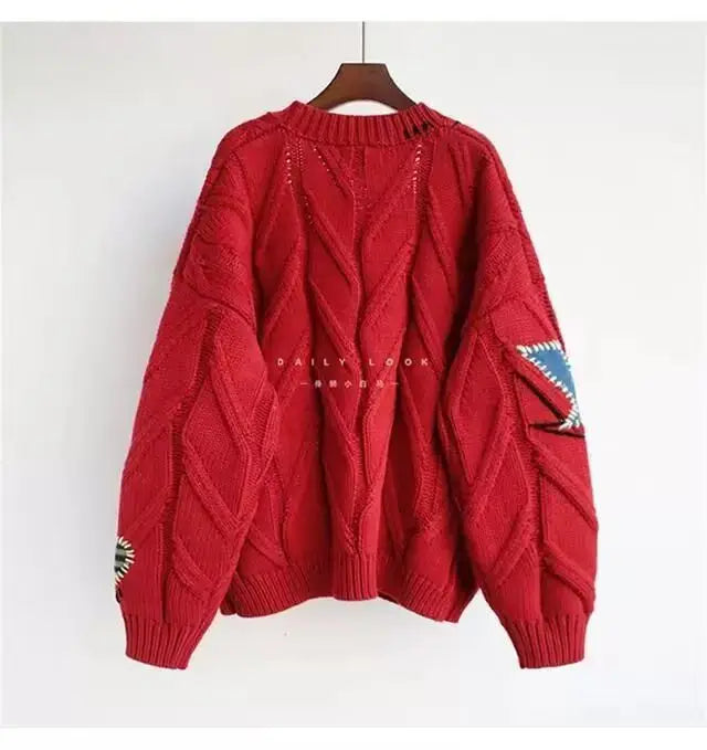 Embroidery Knitted Cardigan Women's Sweater Warm Long Sleeve V Neck Jumpers