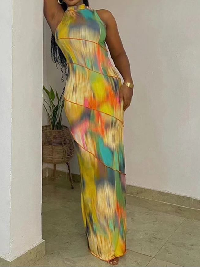 Colorful Print Dress Women Sleeveless Patchwork Skinny Bodycon Dress